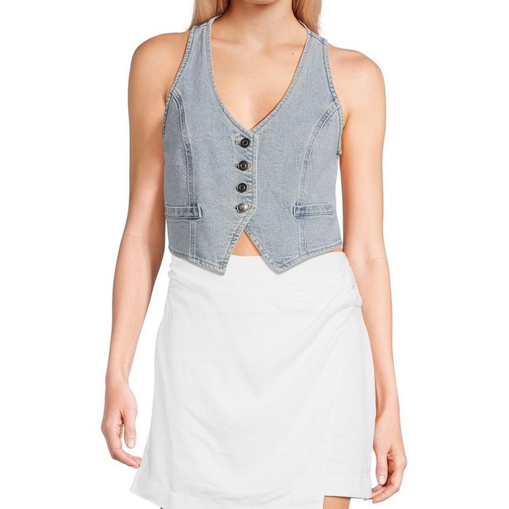 GB Light wash baby blue Denim Vest with Button Front